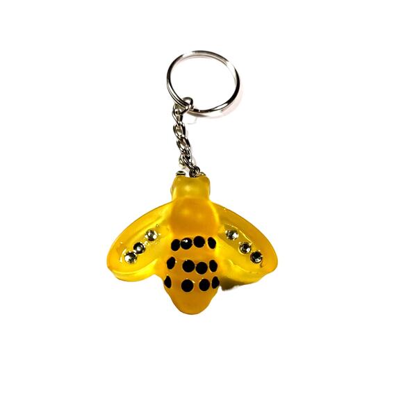 Bee Yellow Hard Plastic Black Silver Rhinestones Keychain Mother Earth - Picture 2 of 7